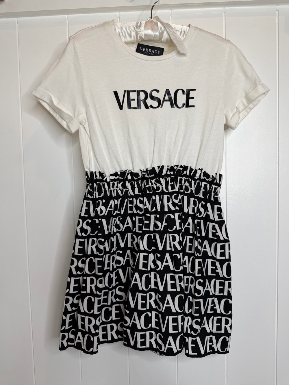 Versace White and Black Logo Print Girls' Dress